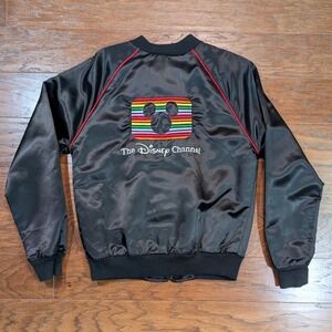Vintage Disney Channel Satin Bomber Jacket Black Mickey Mouse Rainbow Logo Small